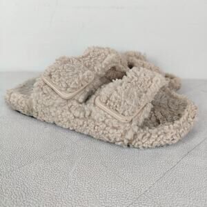 Balenciaga Mallorca Faux Shearling‎ Buckle Sandals Womens 37 Tan Slides Shoes